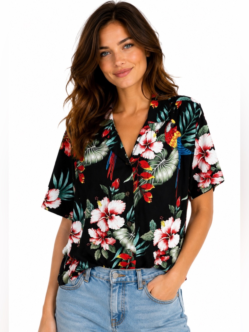 Vintage 90s Hawaiian Parrot Floral Shirt Tropical Rayon Aloha Camp Shirt